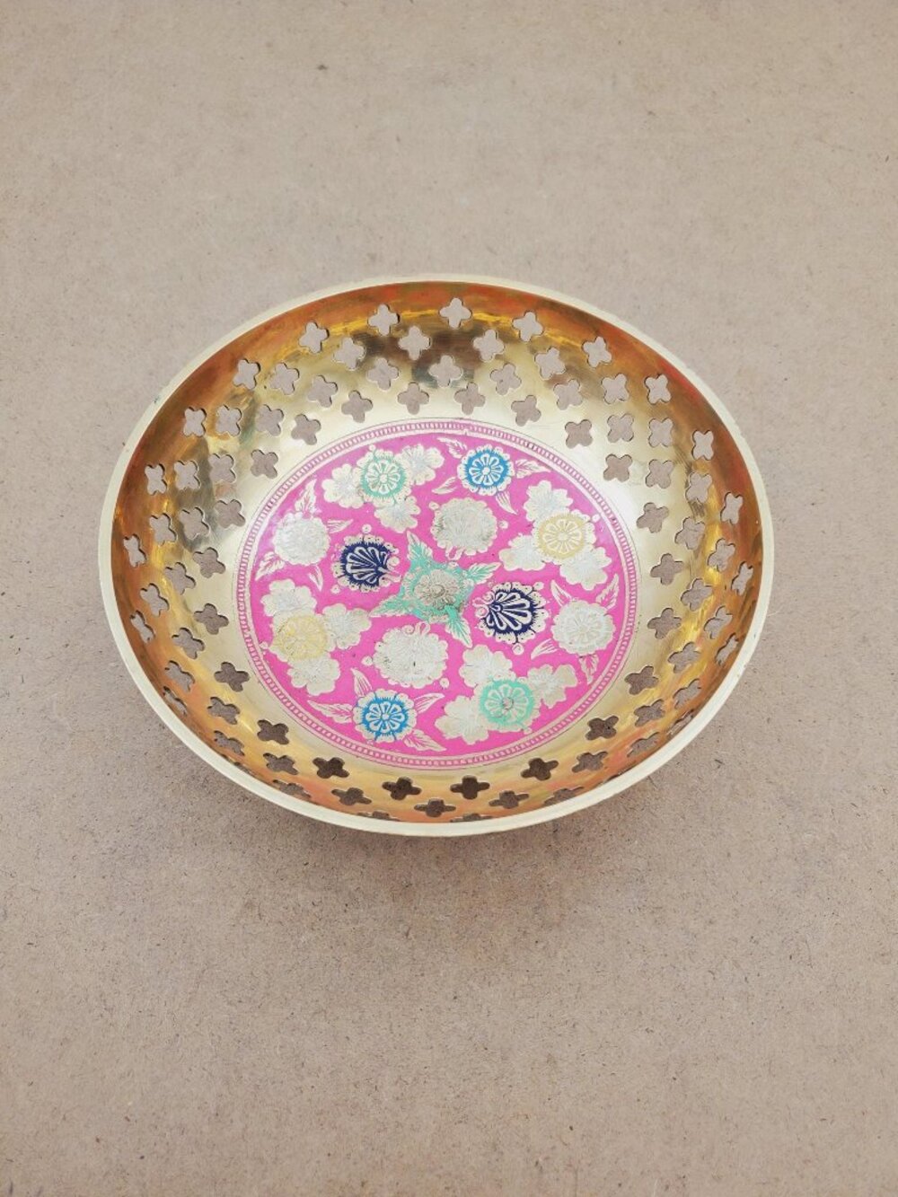Vintage Enamelled Brass Cloisonné Style Botanical Plate Bowl Vintage Hand